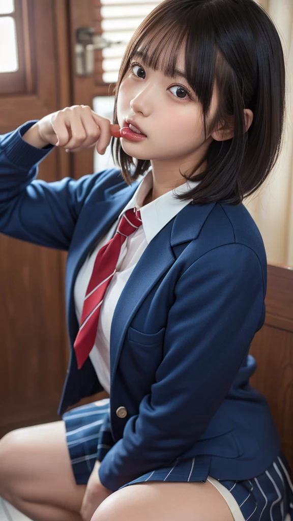 ((masterpiece, Highest quality, High resolution)), Japanese high school girl and her father share a passionate kiss、(Realistic: 1.4), Excited、Open your mouth wide、Great face,Glossy Lips、, short hair、(Beautiful Hair:1.5), Slender、Japanese High School Uniform、(Navy Blue Blazer、Navy blue jacket)、(White dress shirt)、(Red tie)、(Navy blue mini skirt、Beautiful legs)、In the bedroom、A father stands in front of his daughter、(Dad only wears underwear、No clothes)、I squat down in front of my father and look up.、Detailed and real fingers、Side angle、Smooth, Highly detailed CG composite 8K wallpaper, High resolutionのRAWカラー写真, Professional photography, Light, BackLight, dream-like, impressive, Written boundary depth, (Face close-up:1.5)