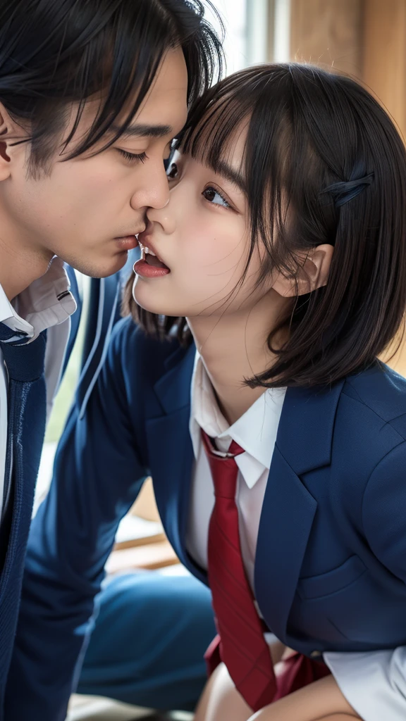 ((masterpiece, Highest quality, High resolution)), Japanese high school girl and her father share a passionate kiss、(Realistic: 1.4), Excited、Open your mouth wide、Great face,Glossy Lips、, short hair、(Beautiful Hair:1.5), Slender、Japanese High School Uniform、(Navy Blue Blazer、Navy blue jacket)、(White dress shirt)、(Red tie)、(Navy blue mini skirt、Beautiful legs)、In the bedroom、A father stands in front of his daughter、(Dad only wears underwear、No clothes)、I squat down in front of my father and look up.、Detailed and real fingers、Side angle、Smooth, Highly detailed CG composite 8K wallpaper, High resolutionのRAWカラー写真, Professional photography, Light, BackLight, dream-like, impressive, Written boundary depth, (Face close-up:1.5)