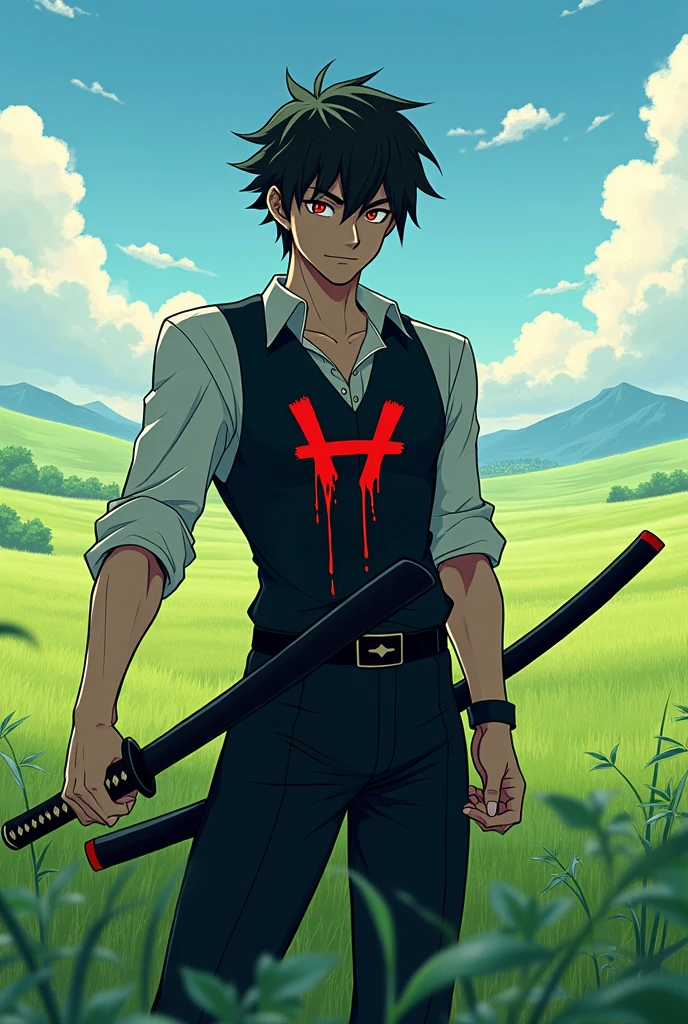 A sexy boy have a Katana on his hand and is standing in the field. He is wearing a black vest, and the vest has an "H" written in blood on its side.in anime