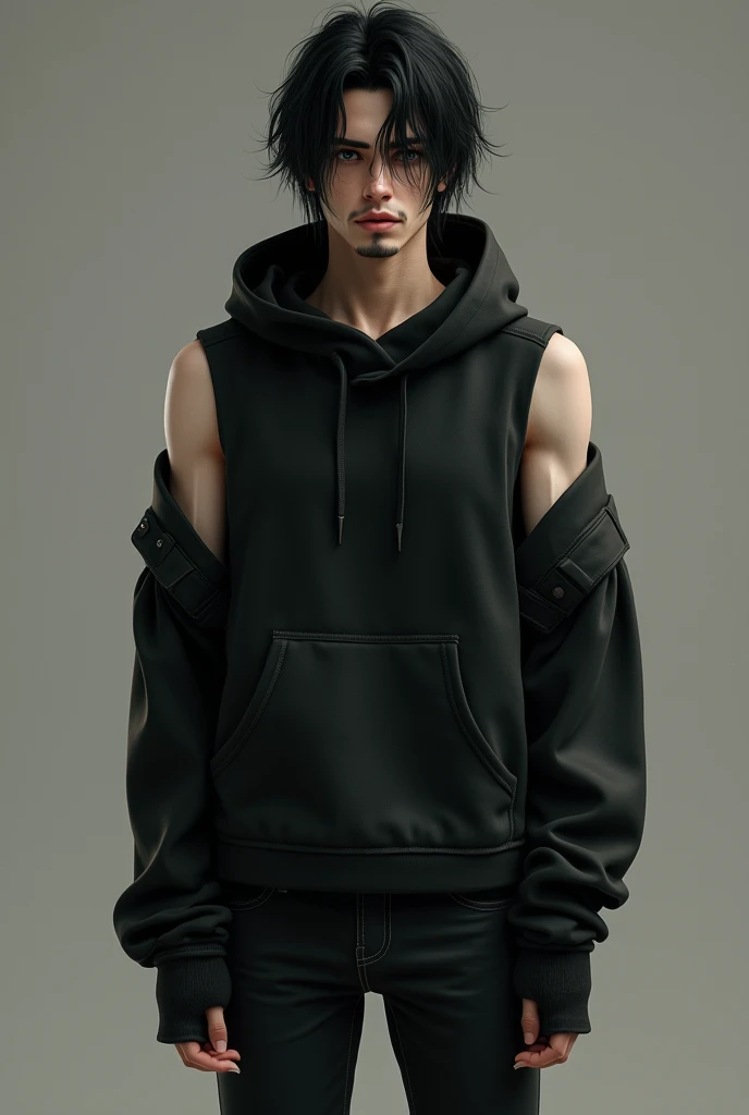 Fair tall lean body with hooded eyelashes eyes good eyebrows little facial hair with small pink lips and good define jaw and nose wearing black sleeveless hoodie jacket with black jeans with straight skilly black hair
