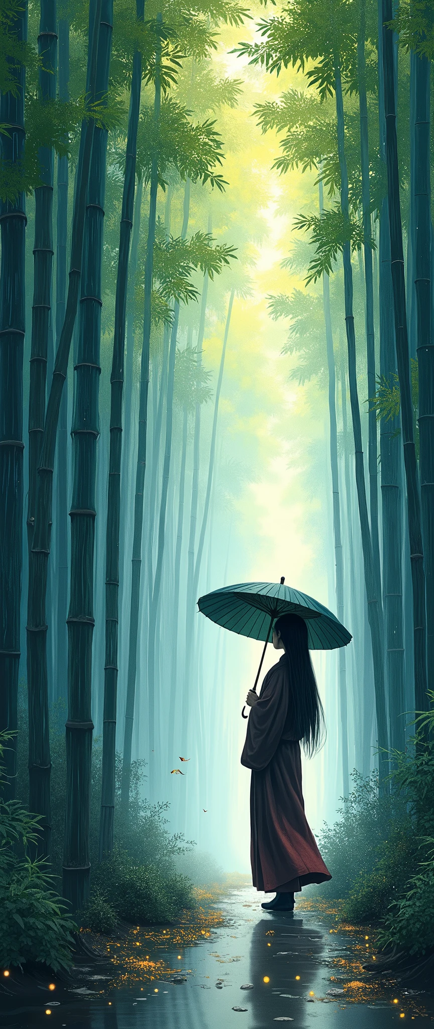 dynamic ink painting of a bamboo forest in Japan, great art, Great sense of depth, ground level shot, The most beautiful bamboo forest in the world, Bamboo leaves shining through the rain, officer\(pale blue\) with a slightly cloudy sky, beautiful woman\(ancient japanese noble, beautiful kimono, Beautiful long black hair\) looking up at the officer holding an umbrella,soft rain, Fireflies flying around, Bamboo leaves are placed three-dimensionally in the foreground, long distance shooting,limited color