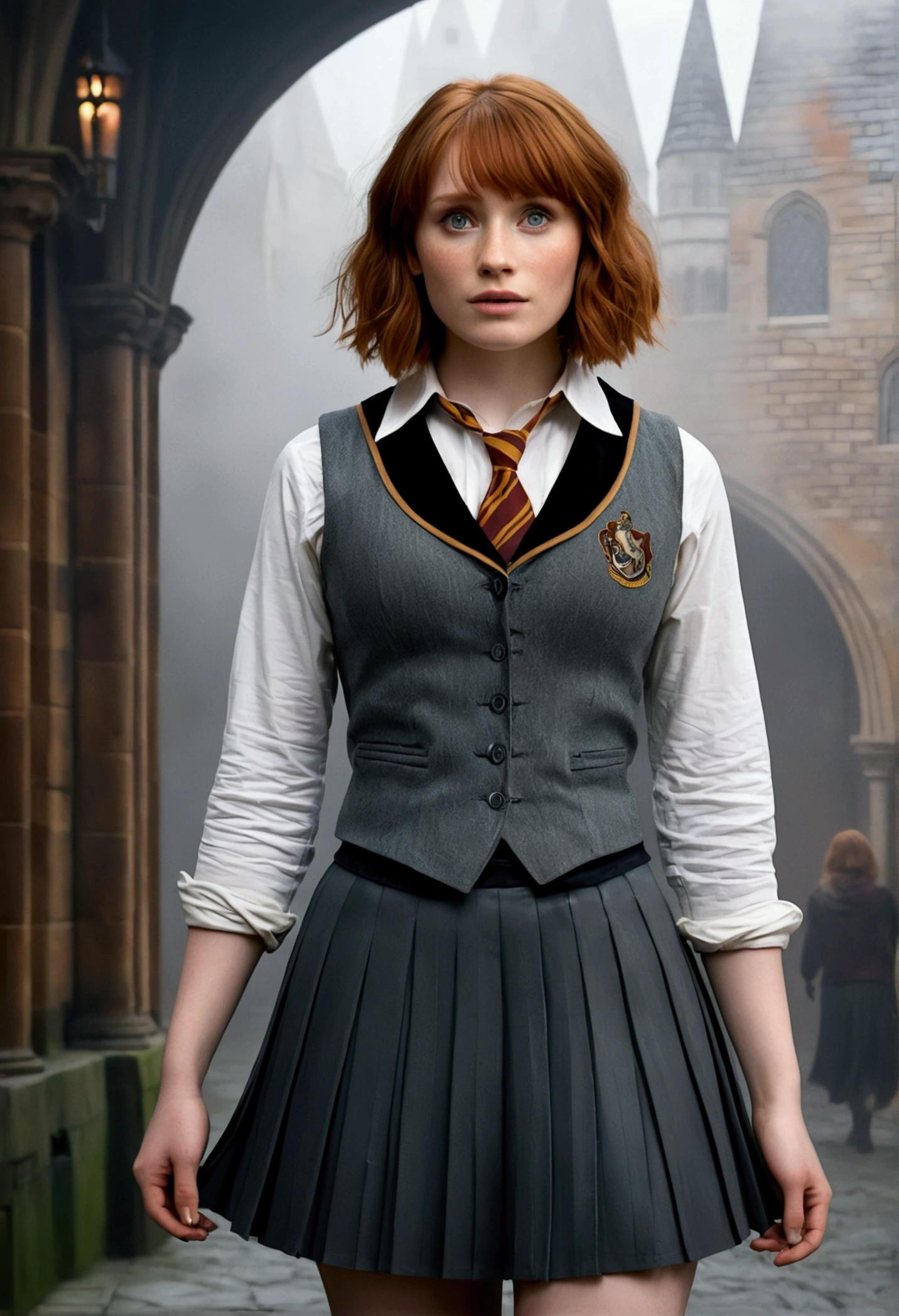 An illustrated movie poster, hand-drawn, full color, a female Hogwarts student, 18-years-old, wearing a charcoal vest and a pleated skirt, toned, amazonian stature, athletic hourglass figure, full wide hips, massive round butt, long shapely legs, ridiculously thick powerful thighs, vibrant eyes, deep dark auburn hair, short curly bob cut, flushed sun-kissed complexion, freckles, resembles Bryce Dallas Howard, standing in a foggy Hogwarts courtyard, surrounded by mist, graphite shading, stencil marks, airbrushed acrylic paint, masterpiece, in the Deathly Hallows