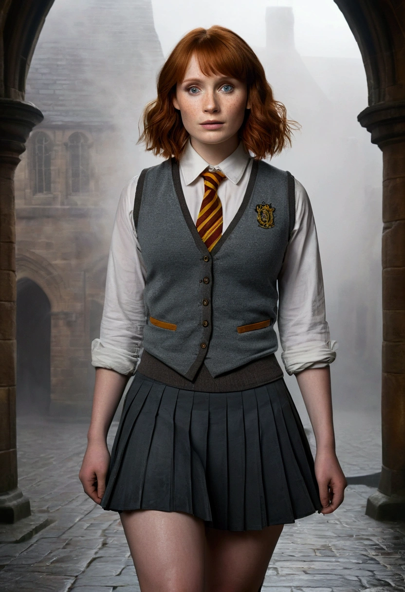 An illustrated movie poster, hand-drawn, full color, a female Hogwarts student, 18-years-old, wearing a charcoal vest and a pleated skirt, toned, amazonian stature, athletic hourglass figure, full wide hips, massive round butt, long shapely legs, ridiculously thick powerful thighs, vibrant eyes, deep dark auburn hair, short curly bob cut, flushed sun-kissed complexion, freckles, resembles Bryce Dallas Howard, standing in a foggy Hogwarts courtyard, surrounded by mist, graphite shading, stencil marks, airbrushed acrylic paint, masterpiece, in the Deathly Hallows