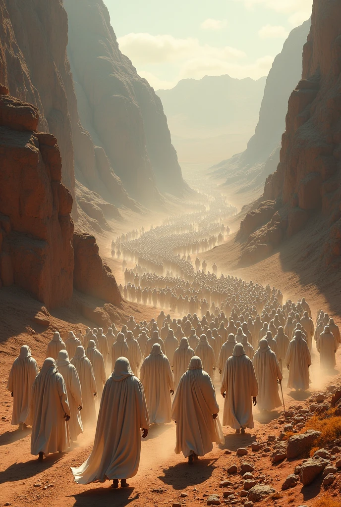 In the Middle Ages. And between the mountains. In the desert. There is a huge army marching between the mountains. The camera angle is from above so that the entire army appears. They are wearing white cloaks.