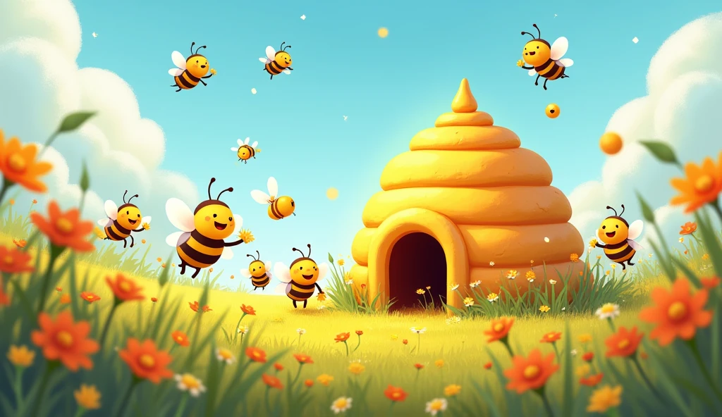 Create a heartwarming image of a joyful reunion in a colorful meadow. The scene should depict a brave little bee and its friends returning to their beehive, greeted with cheers and excitement by the other bees. The meadow is lush and vibrant, with blooming flowers and a clear blue sky. The welcoming bees are shown buzzing around happily, with some holding tiny flowers or honey jars in celebration. The overall mood should be festive and cheerful, capturing the joy and camaraderie of the bees as they reunite and celebrate together.