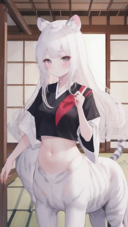 (best quality, masterpiece), 1 girl, centaur, I beg, White skin, Japanese schoolgirl,daughter,black pink, exposing the abdomen, belly button t-shirt , beautiful girl perfect, White tiger photo, 완벽한 White tiger photo