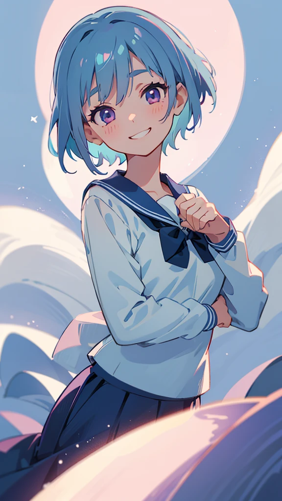 One young woman、alone、Sailor school uniform、Navy Blue Skirt、Light blue hair、short hair、Pink eyes、A gentle gaze、Grin、Upper body close-up、Delicate contours、Under the moonlight、Background Blur