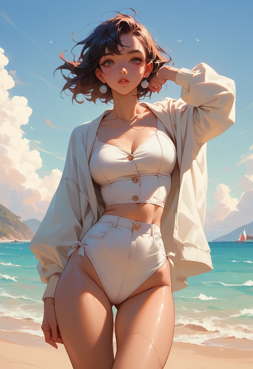 Very detailed、whole body、Wearing futuristic resort wear fashion、swim、In the sea、woman