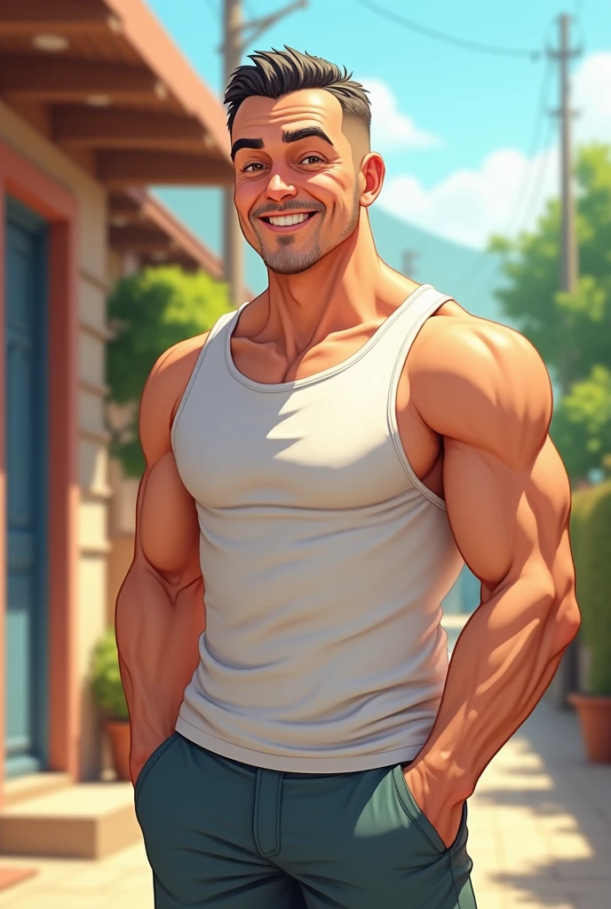 Draw Hao&#39;s father with short hair, over 40 years old wearing shorts and tank top