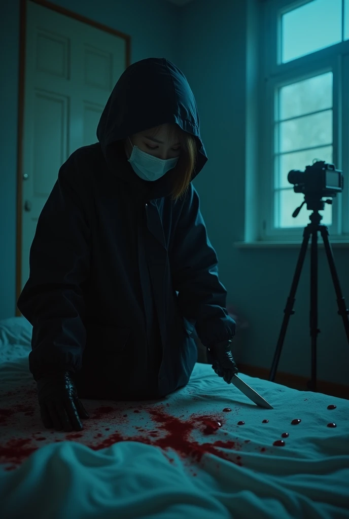 korean girl, (behind stiff, holding knife), surgical mask, black leather gloves, room, black raincoat, hood up, holding knife, leather gloves, woman on top, behind cadaver, blood splatter, bed room, night, mass murderer, killer, short hair, blood splatter, dark atmosphere, cinematic lighting, atmospheric realistic, neon lighting, close-up, tripod and camera in the back, shooting with camera