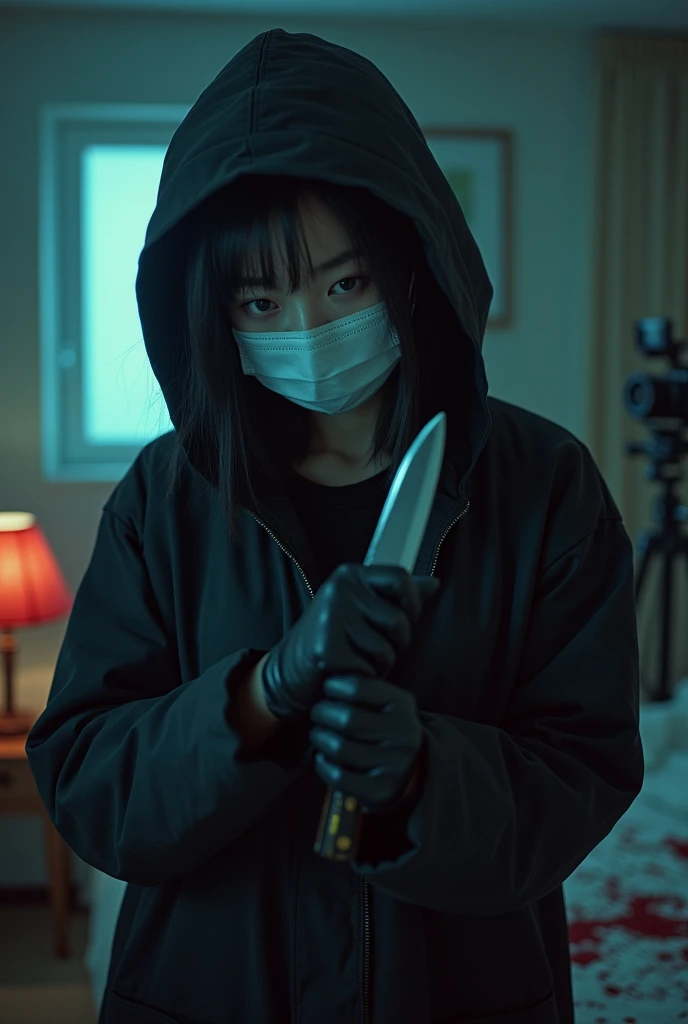 korean girl, (behind stiff, holding knife), surgical mask, black leather gloves, room, black raincoat, hood up, holding knife, leather gloves, woman on top, behind cadaver, blood splatter, bed room, night, mass murderer, killer, short hair, blood splatter, dark atmosphere, cinematic lighting, atmospheric realistic, neon lighting, close-up, tripod and camera in the back, shooting with camera