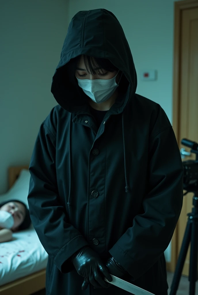 korean girl, (behind stiff, holding knife), surgical mask, black leather gloves, room, black raincoat, hood up, holding knife, leather gloves, woman on top, behind cadaver, blood splatter, bed room, night, mass murderer, killer, short hair, blood splatter, dark atmosphere, cinematic lighting, atmospheric realistic, neon lighting, close-up, tripod and camera in the back, shooting with camera