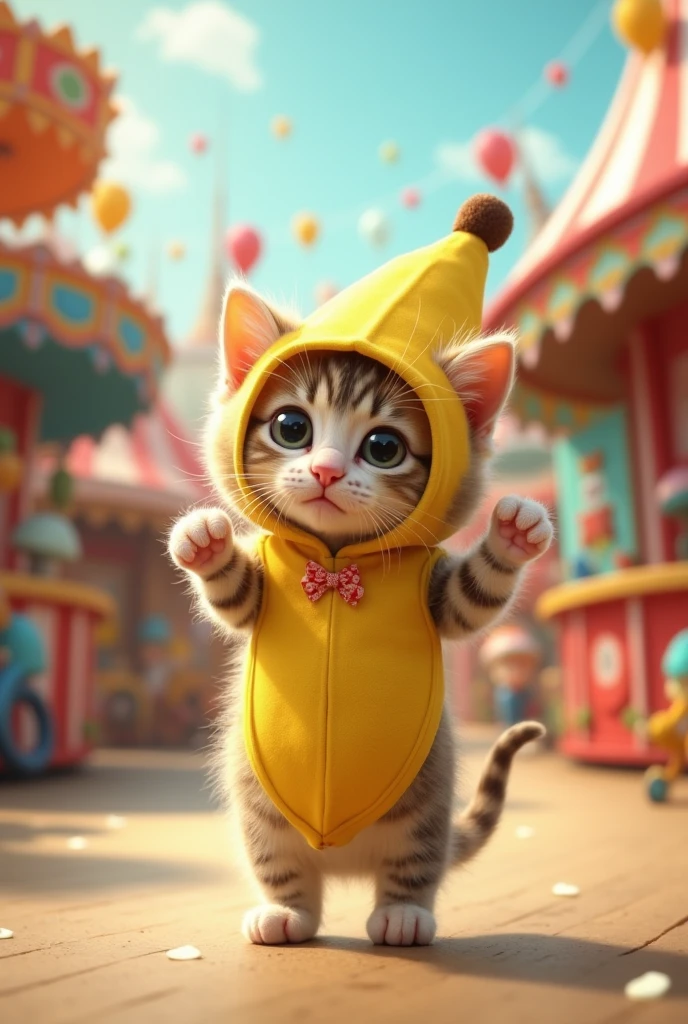 Tiny kitten standing on its hind legs The cutest kitten ever Adorable appearance!!!
Cute amusement park background He is wearing a dancing banana costume