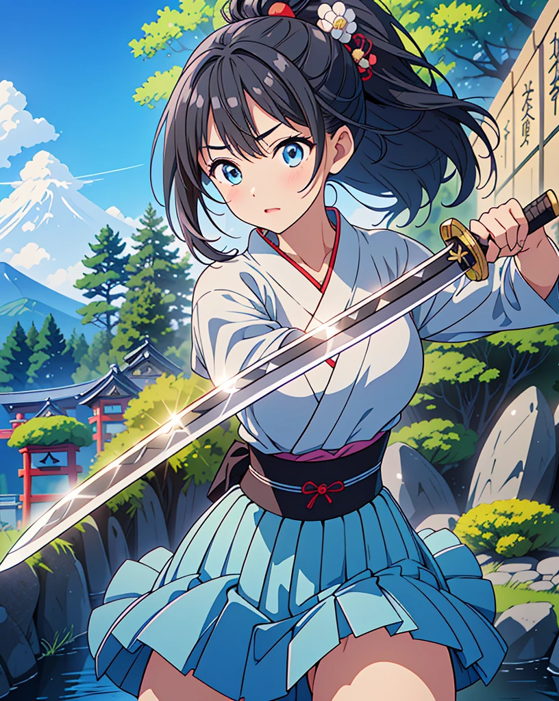 Highest quality, 32K, High resolution, masterpiece:1.5, One beautiful Japan girl,Illustration with anime touch, Rich emotional expression, An exceptionally beautiful face, Perfect Human Anatomy, Big light blue eyes, Motherhood and generosity, Deep Love, Wake up, Expressing emotions, Have a rich imagination, Cute Japan, Perfect Human Anatomy, Magical big eyes, decision, Powerful expression, Shiny black hair, Ponytail swaying in the wind, Asymmetrical bangs, Hair between the eyes, Transparent, soft white skin, Sharp eyebrows, Thin lashes, Detailed and cute lips, ((Detailed beautiful Japanese garden:1.2)), ((A swordsman wielding a Japanese sword:1.4)), ((Blue sky:1.1)), Slim figure, Beautifully detailed skies, mysterious
