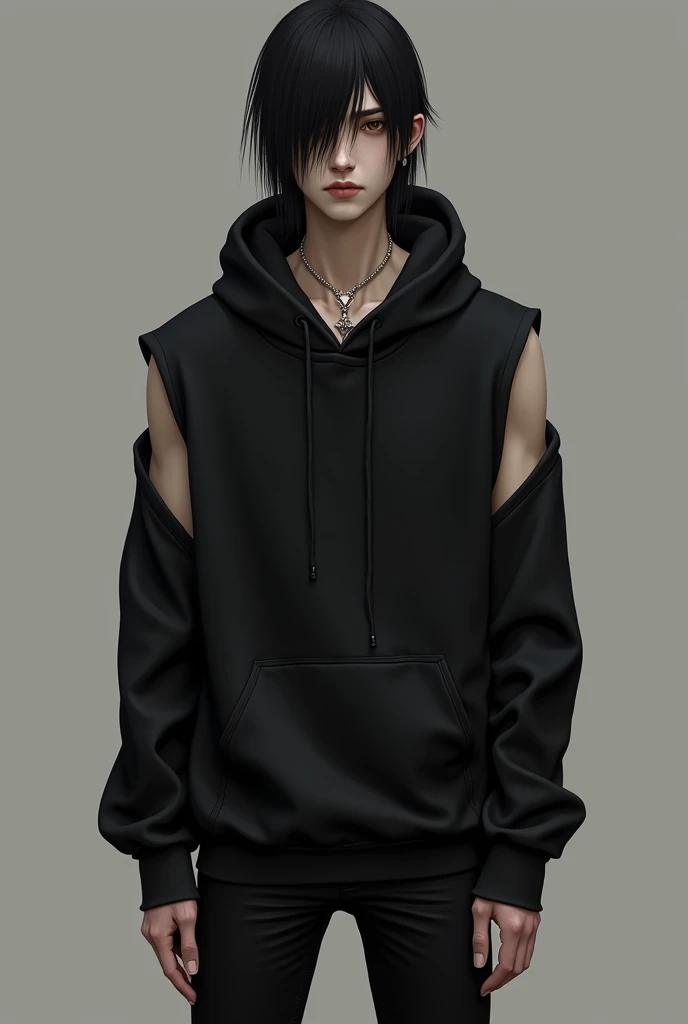 Fair tall lean body with hooded eyelashes eyes good eyebrows little facial hair with small pink lips and good define jaw and nose wearing black sleeveless hoodie jacket with black jeans with straight skilly black hair