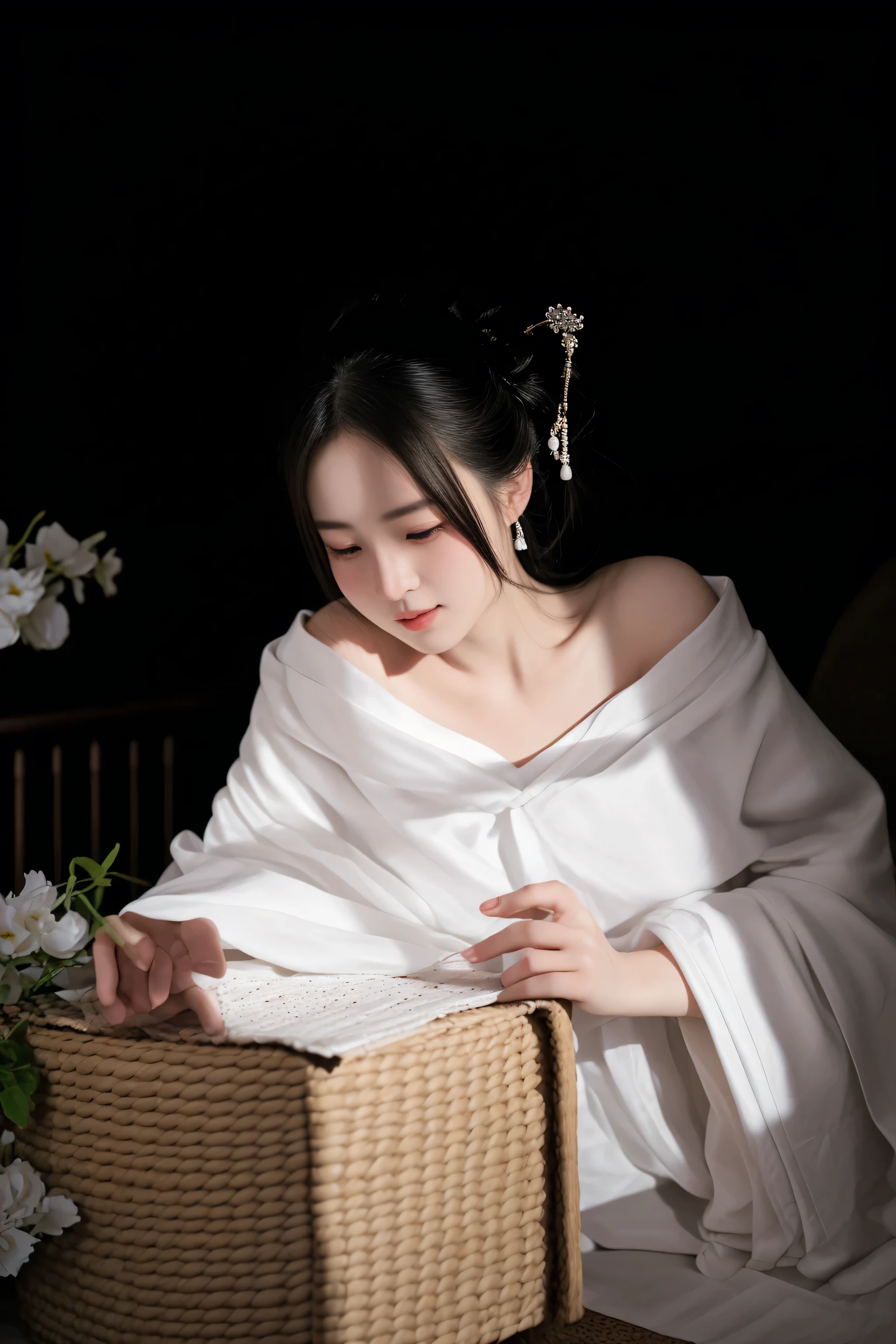 arafed woman in white dress sitting on a bed with a basket, white hanfu, inspired by Tang Yin, palace , a girl in hanfu, a beautiful woman in white, portrait shot, wearing white silk robe, inspired by Huang Ji, inspired by Zhang Yin, elegant japanese woman, photo taken with nikon d750