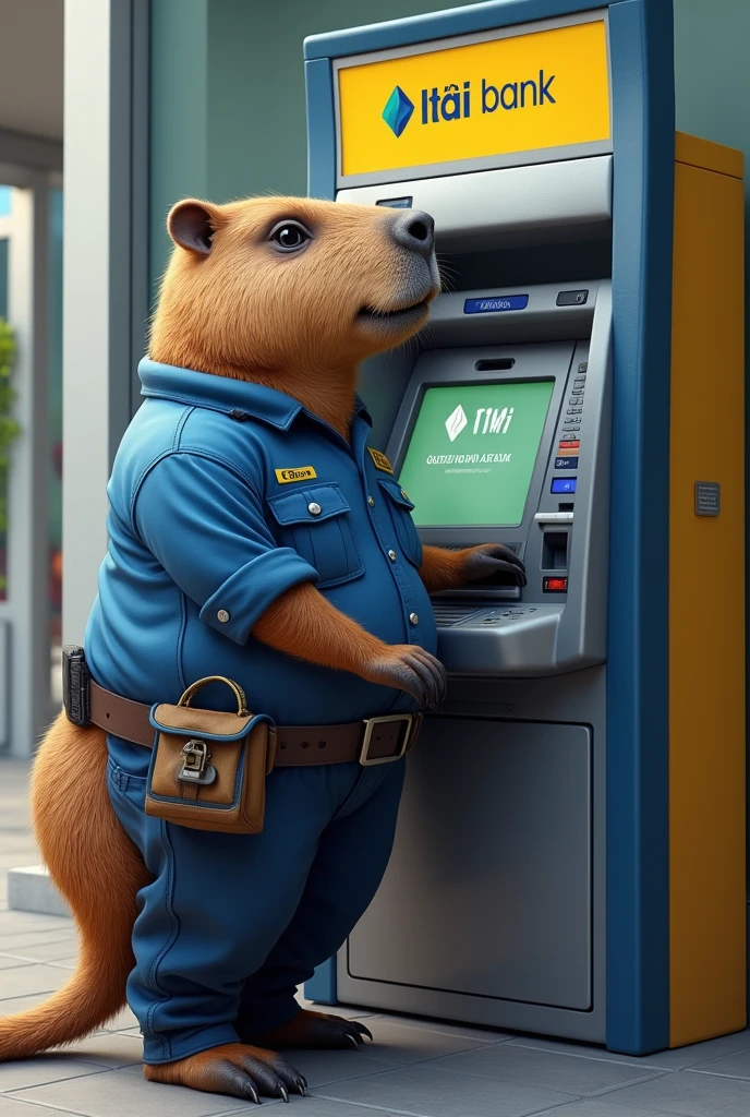 A capybara dressed as an ATM technician doing maintenance at Itau
