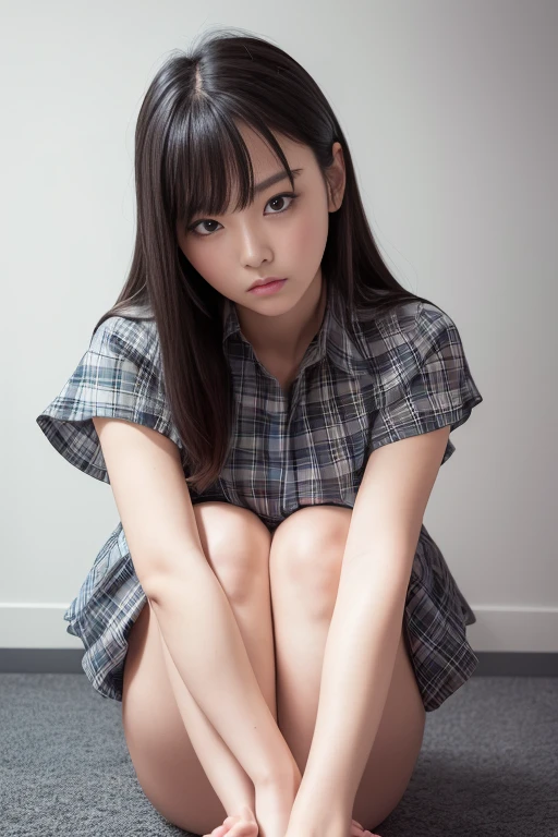 8k, Raw photo, highest quality, masterpiece:1.2), masterpiece, highest quality, figure, Very detailed, Fine details, High resolution, 8k,wallpaper, Perfect dynamic composition,(Detailed high quality, Realistic depiction of eyes:1.3)、A woman who has been and has her hands tied、Arms wrapped around his back, hands tie behind back, Sitting on a bright gym floor with feet together and knees bent in front of each other、With legs wide open、Tartan plaid pleated skirt、whole body、White panties are visible、The whole thing faces forward、21talent、Beauty、Well-formed face、Make your eyes even、Beautiful black hair、Has bangedium build、Well-balanced proportions、Beautiful legs、Short sleeve blouse、Fresh face、Beautiful scenery、