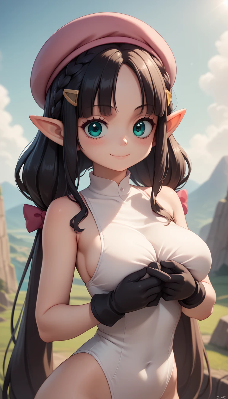 High resolution, Very detailed, perfect lighting, beautiful detailed eyes, ((masterpiece,Best Quality)), absurdities, alone, princess zelda, by the width, crown braid, Hair clip, pointy ears, Gloves without fingers, black gloves, smile, curves, nod, , deep neckline, deep neckline, white one piece swimsuit with pink details, touching her breasts in a sexy way, close up, black fur, close up, pigtails with bangs, pigtails with bangs, touching her breasts in a sexy way, teal eyes, close up, pigtails with bangs, pink beret, pretty face, landscape 