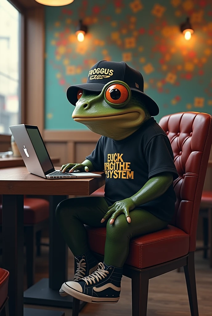 Create a scene of a humanoid black frog, Crypto pepe token style with a "Froggus" cap, "Fuck The System" t-shirt and stylish sneakers, sitting in a cafe, typing on a laptop with a blockchain mural background