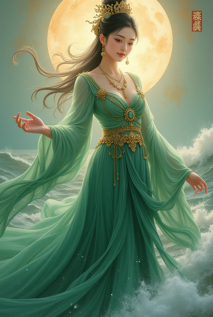 The painting depicts a regal woman draped in a flowing green dress adorned with intricate gold jewelry. Her serene, ethereal presence embodies the essence of the Queen of the Sea, Mu Yanling. Radiating the grace of an Earth Goddess and the compassion of the goddess of love and peace, her gaze is calm and all-knowing. The soft hues of the ocean blend with her attire, while golden accents echo the wealth and splendor of Indian goddess Lakshmi. Her posture, reminiscent of Guanyin and Apsaras warriors, exudes both strength and tranquility, capturing the timeless majesty of an ancient princess from Libu. The painting beautifully melds these mythological elements, creating a captivating vision of divine serenity and power.