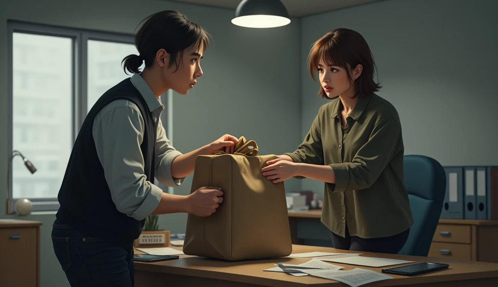 The protagonist packing a bag, leaving a job, while a concerned friend or colleague questions them. The protagonist walks away, determined and focused.