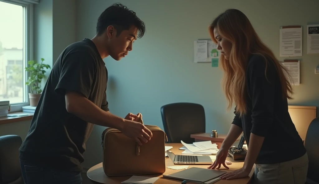 The protagonist packing a bag, leaving a job, while a concerned friend or colleague questions them. The protagonist walks away, determined and focused.