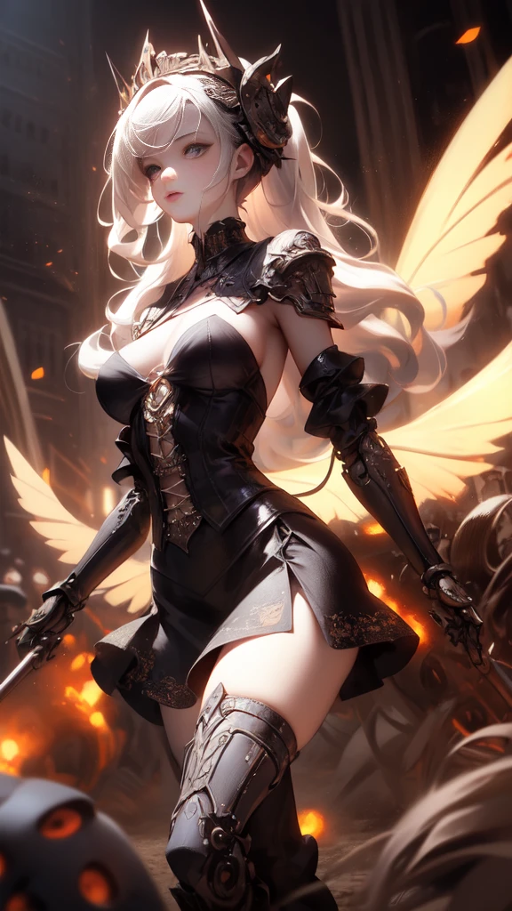 ((best quality)), ((a real masterpiece)), ((Super detailed:1.4)), ((Ultra-realistic 3D)), Android Magic Girl, Mechanical Body, Dynamic action poses for battle scenes, Very complex and heavy fighter mechanical weapons, Off-the-shoulder fashion that blends steampunk and gothic ta styles with attention to detail, Intricate Steampunk Headgear, Very thin、Over-the-knee reggae mechanical boots、Flowing lace flared miniskirt、 Beautiful small breasts upward、swaying in the wind、Long-term, silver curly hair,、Countless big, Shining spheres flying around、Many sparks flying across each other、Countless neon lights pour down from magical gestures、Complex and sophisticated mechanical night city、very dark background、Very dramatic and cinematic lighting、There are big wings on the back8grow in sheets。