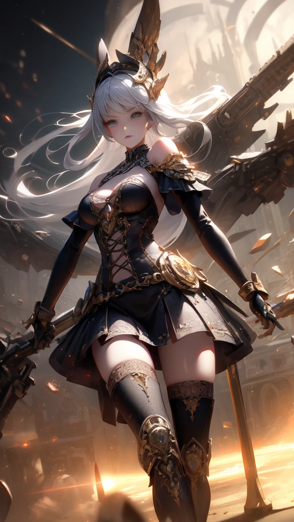 ((best quality)), ((a real masterpiece)), ((Super detailed:1.4)), ((Ultra-realistic 3D)), Android Magic Girl, Mechanical Body, Dynamic action poses for battle scenes, Very complex and heavy fighter mechanical weapons, Off-the-shoulder fashion that blends steampunk and gothic lolita styles with attention to detail, Intricate Steampunk Headgear, Very thin、Over-the-knee reggae mechanical boots、Flowing lace flared miniskirt、 Beautiful small breasts upward、swaying in the wind、Long-term, silver curly hair,、Countless big, Shining spheres flying around、Many sparks flying across each other、Countless neon lights pour down from magical gestures、Complex and sophisticated mechanical night city、very dark background、Very dramatic and cinematic lighting、There are big wings on the back8grow in sheets。
