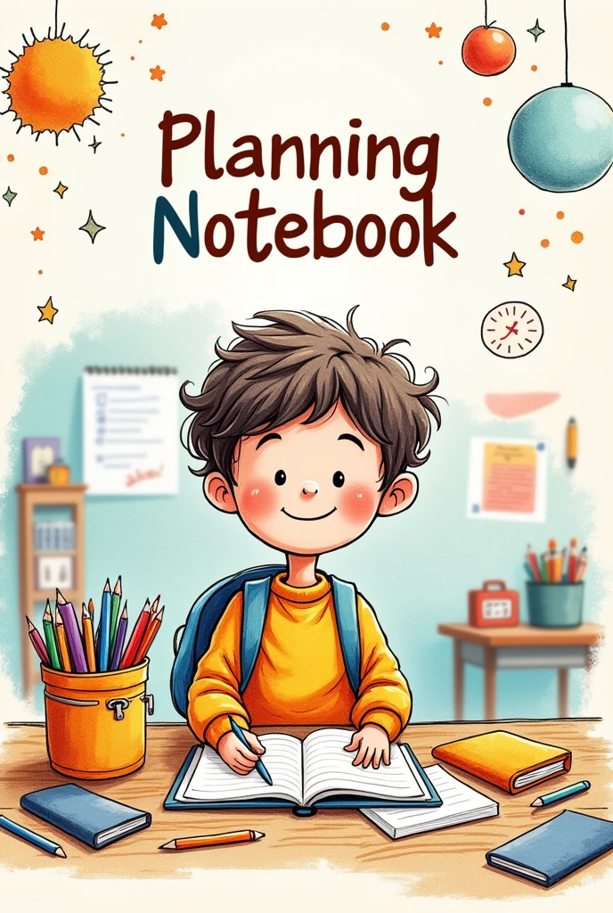 Create a cover with a school drawing with the name PLANNING NOTEBOOK 