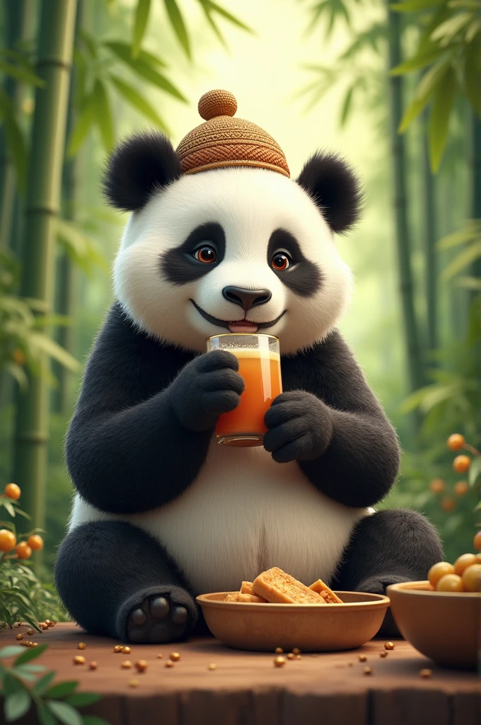 Panda wearing dhaka topi with chill drinking and eating