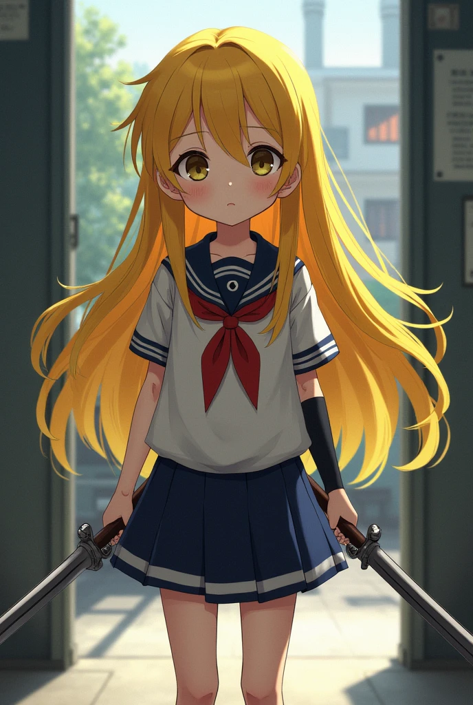 Ibuki yellow hair badan nya kecil umur 11 tahun megang senjata
Dan baju sekolah , rambut panjang dan guru matematika