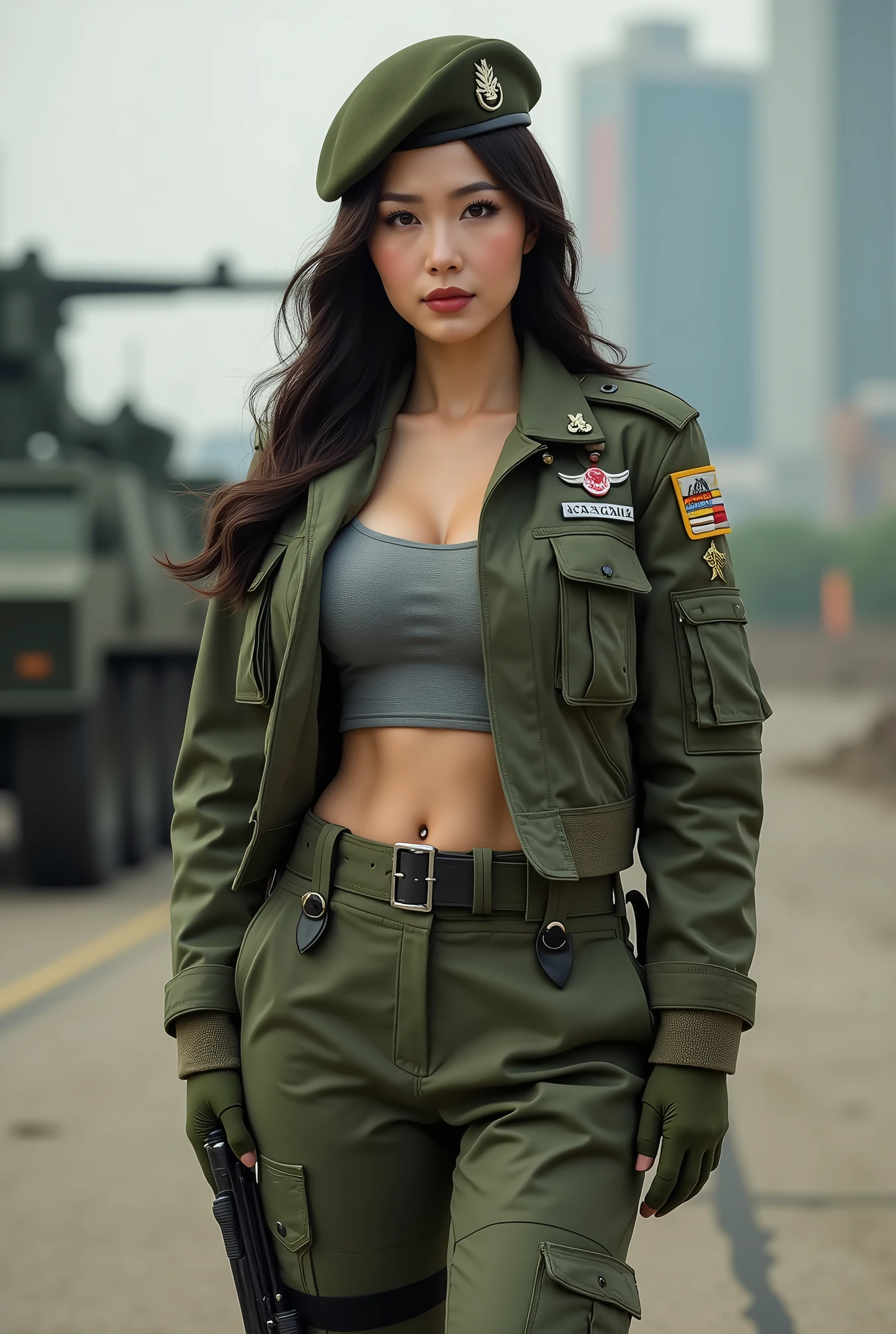 (Best quality, 4K, high resolution, masterpiece:1.2), (ultra-detailed, photo-realistic:1.37), (full-body portrait), 2, Japanese woman, military officer, ambitious, elegance, calm, charming, intimidate, (dark brunette hair), perfect lash, minimal makeup, sun-kissed skin, expressive brown eyes, gloss lips, seductive allure, perfect hourglass body shape, long toned legs, flat abs, perfectly round E cup breasts, very Tall, slim, with peachy hips, wearing ((Olive green military jacket with elbow patches and silver insignia)), ((Grey undershirt with high collar)), ((Olive green cargo trousers with reinforced knees and utility pockets)), Sturdy leather belt with integrated utility pouches, Rugged all-terrain boots in dark grey, ((Olive green beret with red emblem)), Tactical gloves with enhanced grip, Service ribbons and rank patches, Background featuring military base.