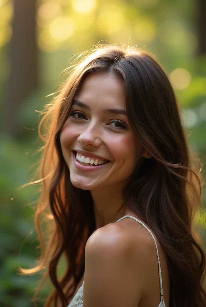 a close up of a woman with long hair smiling in a forest, portrait sophie mudd, beautiful and smiling, smiling young woman, 50mm portrait, headshot profile picture, infp young woman, photo of young woman, high quality portrait, viktoria gavrilenko, backlit portrait, 60mm portrait, at golden hour, jova
