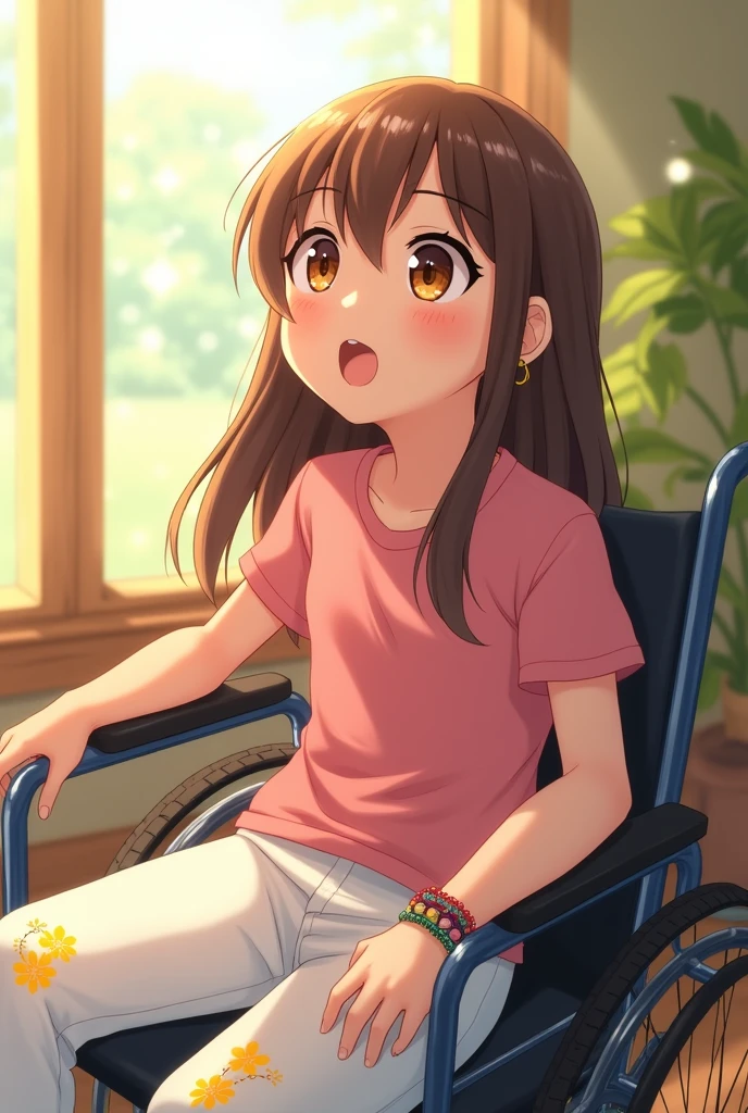 A 10-year-old fantasy anime girl in a wheelchair with an innocent and upward look at you standing, beautiful brown eyes that shine in the window light, long straight brown hair, young and fit body, pink top, small golden earrings A bracelet with colored beads on his left hand, white pants with yellow flowers.