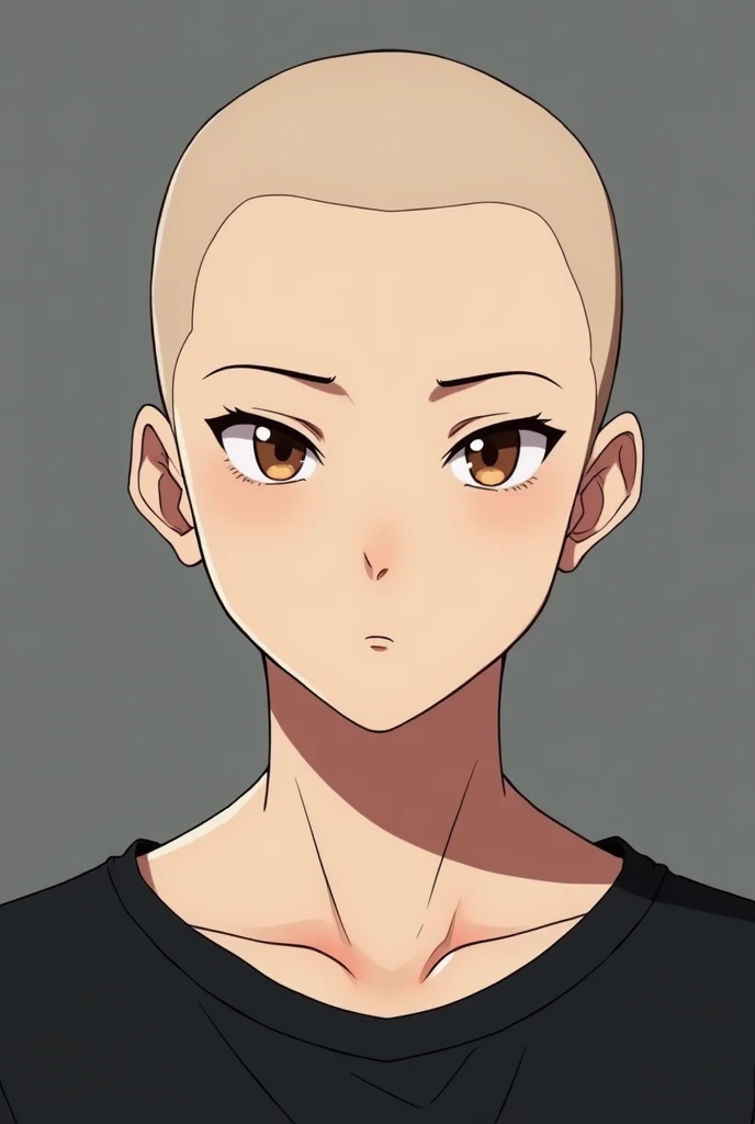 Create male character with black shirt, Naruto style, Caucasian skin, eyes browns , 正面, anime style image, cabelo pra 正面, front face, baldie, shaved head, more slanted eyes, young 20 years old