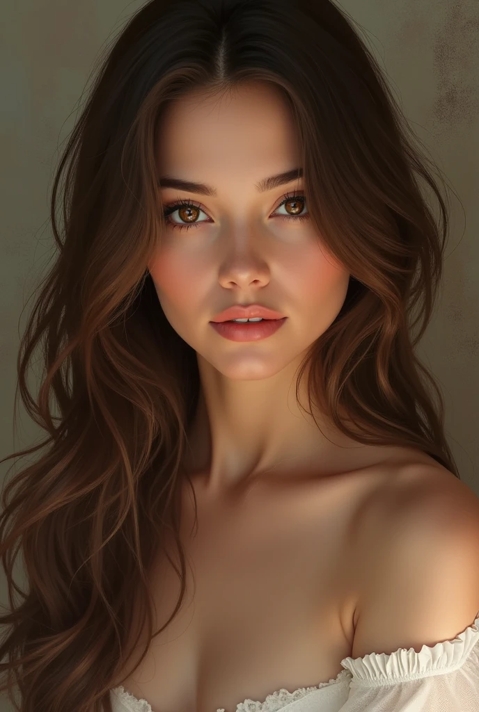 wife, hairs, long wavy brown eyes 
