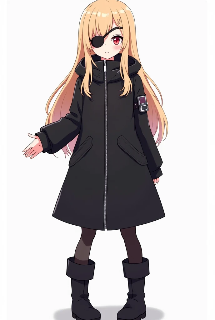 a cartoon image of a woman in boots, vector art by Ei-Q, pixiv, shin hanga, full_body!!, !!full body portrait!!, full body!!, anime moe artstyle, gapmoe yandere grimdark, full body!, anime vtuber full body model beige hair with an eyepatch black coat with front zipper closed, long hair Right hand out in front Background is white Game character art Genshin Impact Red Eye