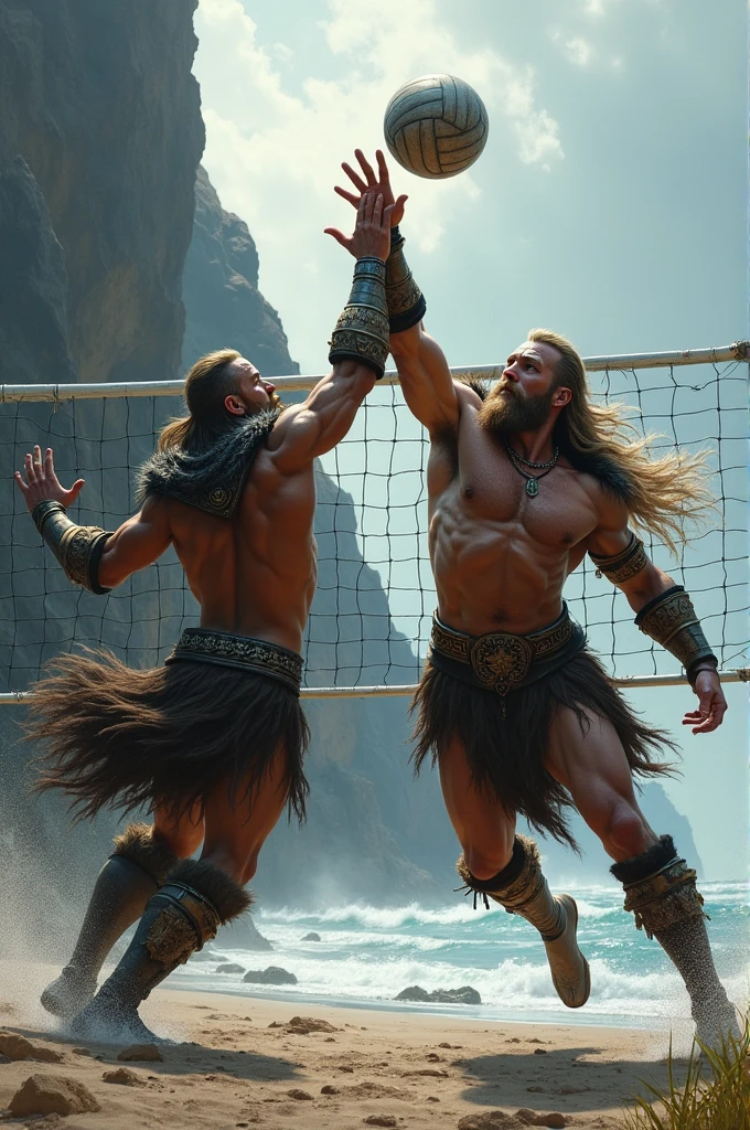 2 Vikings playing volleyball one is blocking and the other is spiking the ball
