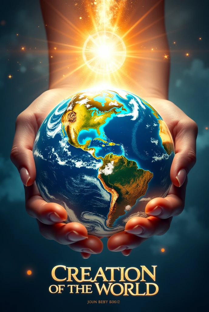 "Design a vibrant and eye-catching thumbnail for a video about the biblical story of the Creation of the World from Genesis 1-2. The background should feature a blend of light and dark, symbolizing the separation of light from darkness. In the center, display the Earth as a lush and vibrant planet, with vivid green land, blue oceans, and swirling clouds. Surround the Earth with key elements from the creation story: a bright sun, a glowing moon, sparkling stars, and a variety of animals (like a lion, bird, and fish).Include an image of a pair of hands, representing God's hands, gently cradling the Earth from above. The title text should be bold and easy to read, positioned either at the top or bottom, with the words 'Creation of the World' in a bright, glowing font that contrasts well with the background. Ensure the overall design is visually appealing, with a balance of color, light, and elements that make the thumbnail stand out."the ration is 16:9