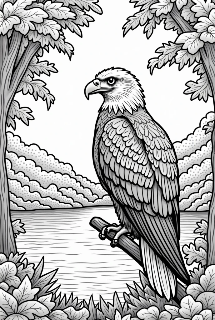 non-coloured, coloring pages for adults, an image of a Majestic eagle perched on a branch, surrounded by vibrant fall foliage, with a serene lake or river in the background, cartoon style, thick lines, low detail, black and white, no shading, no coloring