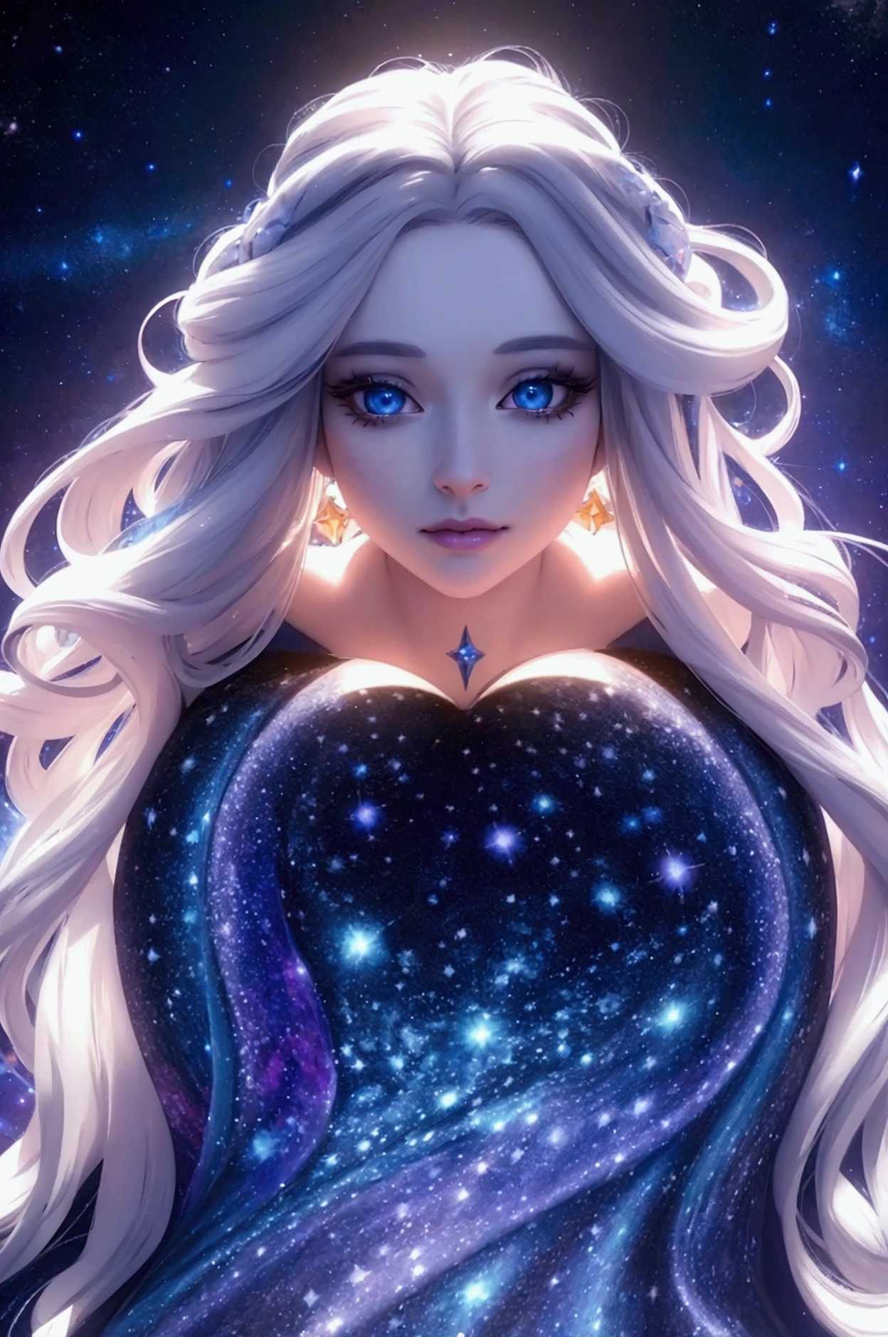 a beautiful detailed princess, long white hair, blue eyes reflecting the galaxy, wearing a short tight dress with designs of many stars and galaxies, (best quality,4k,8k,highres,masterpiece:1.2),ultra-detailed,(realistic,photorealistic,photo-realistic:1.37),highly detailed face, detailed eyes,detailed lips,extremely detailed face and features,long eyelashes,detailed dress,detailed galaxy and star patterns,fantasy,ethereal,glowing,shimmering,intricate details,vivid colors,dramatic lighting,cinematic