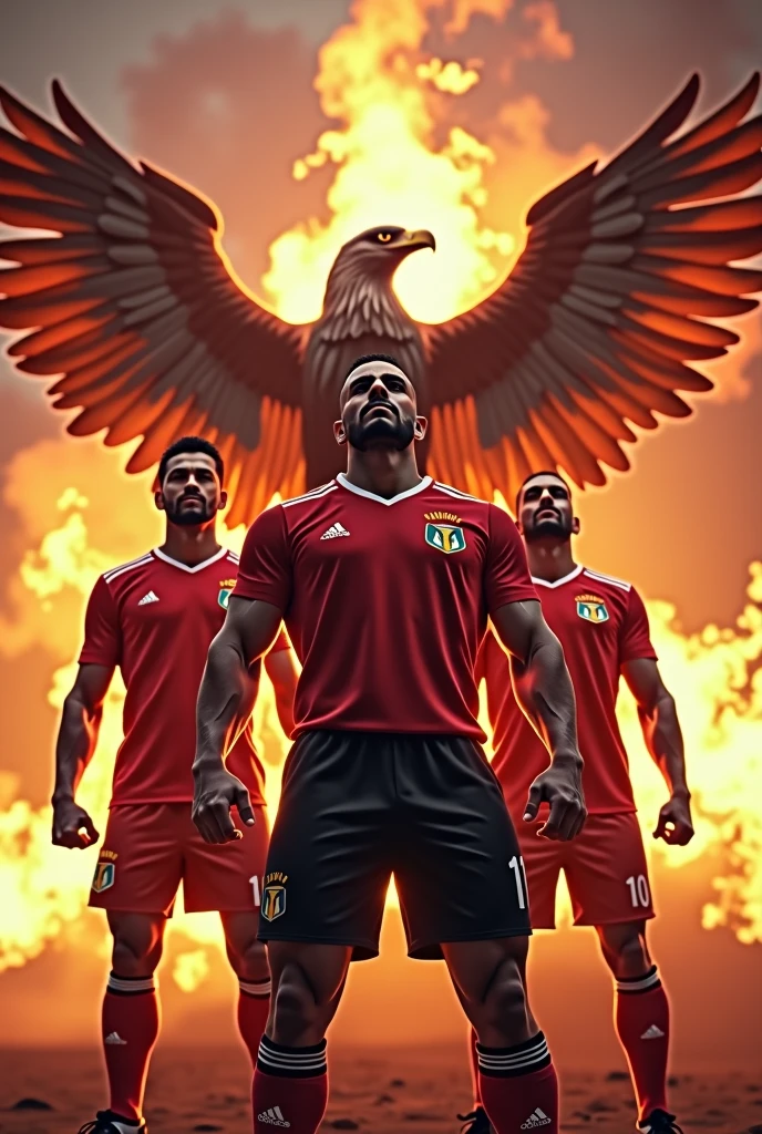 A heroic Egyptian football team, a majestic eagle soaring in the background with wings spread, a raging fire behind it, (best quality,4k,8k,highres,masterpiece:1.2),ultra-detailed,(realistic,photorealistic,photo-realistic:1.37),dramatic lighting,epic,cinematic,powerful,imposing,intricate details,stunning,vibrant colors,dramatic shadows,intense atmosphere,heroic poses,muscular builds,determined expressions,national pride