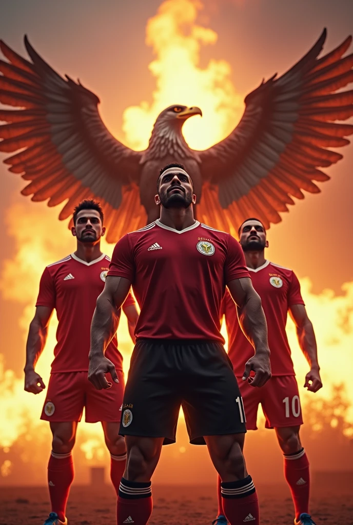 A heroic Egyptian football team, a majestic eagle soaring in the background with wings spread, a raging fire behind it, (best quality,4k,8k,highres,masterpiece:1.2),ultra-detailed,(realistic,photorealistic,photo-realistic:1.37),dramatic lighting,epic,cinematic,powerful,imposing,intricate details,stunning,vibrant colors,dramatic shadows,intense atmosphere,heroic poses,muscular builds,determined expressions,national pride