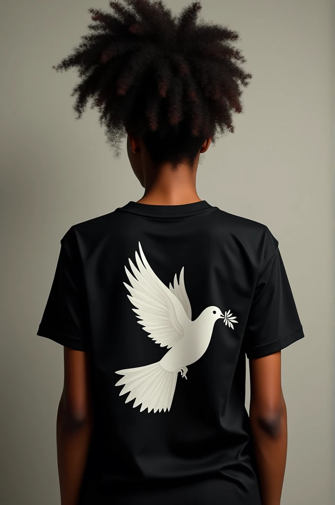 Front and back of a black women's shirt in the middle of the shirt an image of a white dove with an olive branch in its beak