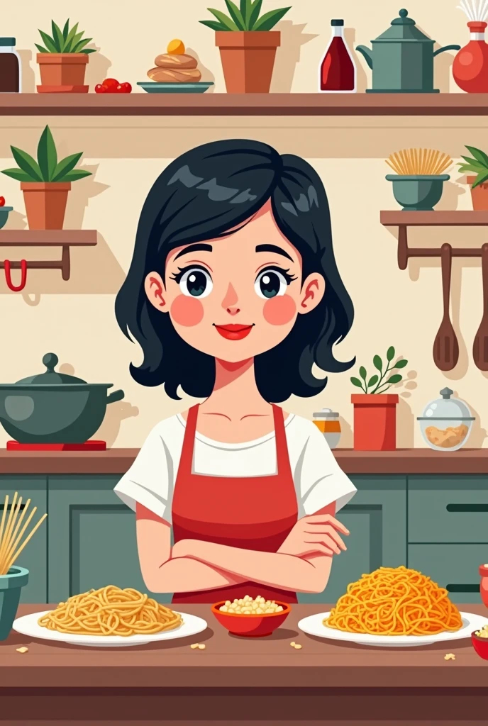 I wanna create a logo for my Instagram cooking blog called Behind The Apron. A cartoon of me, with fair skin and black hair, standing in front of a kitchen counter filled with cooking ingredients. You could be surrounded by pasta, biryani, noodles, etc…
I want it to say "Behind the Apron" in a bold font.