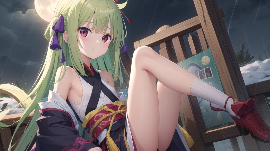 ((masterpiece)),(best quality),Official Art,Extremely detailed CG,Unity 8K wallpaper,Very detailed,Beautiful and delicate eyes,Extremely detailed face,1 girl,solitary,,(whole body:1.5),(small:1.3),Smile,,Murasame,Very long hair,Green Hair,Face Up,Purple bow,hairpin,Side chains,Bangs,Red Eyes,Neck strap,Red belt,Chinese elegant style，Long-sleeved brocade Hanfu，There is rain and frost along the way. The moon falls without a title. Jiangnan is like me facing the sun. Like you chasing hope, a promise is a must. Take risks.