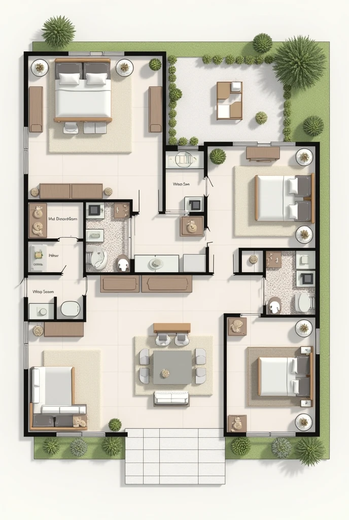 Realistic 8K image of a residential floor plan. The plan shows the layout of the following rooms: 4 suites, 2 social bathrooms, An outdoor area, a service area and a kitchen. The plant is detailed, with clear divisions and labels for each room, highlighting the organization and functionality of the space. The predominant tones are soft and neutral., allowing a clear view of the plant.
