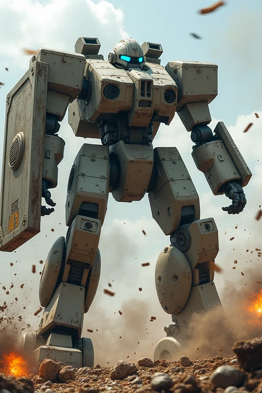 Giant robot with blue eyes and a dirty grey body. Has a shield and fires a machine gun. In fierce combat.