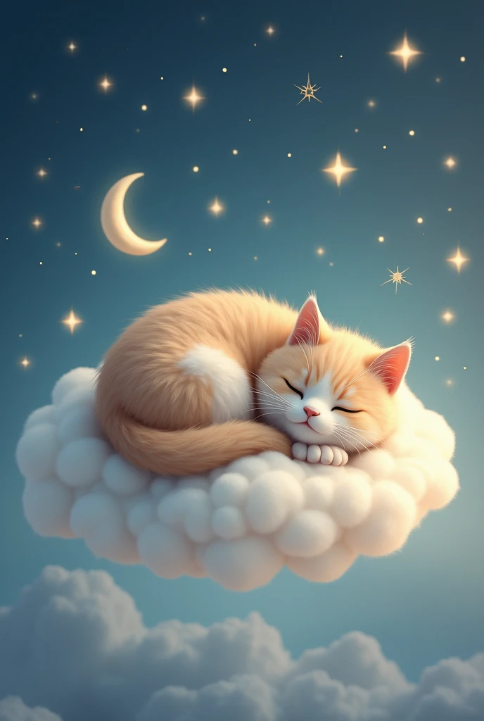 薄い茶色と白のふわふわな猫が雲の上で前足の上に顔を乗せて眠っている。流れ星と三日月と星が周りにあり、夢の中の要素。背景は夜で幻想的。夢の中の世を感じさせる。見ているとリラックスできるようなかわいい猫。